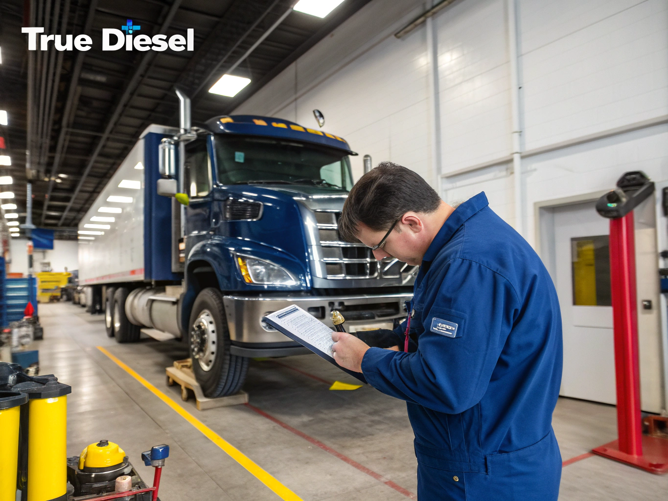 Fleet inspector reviewing compliance paperwork and inspection log