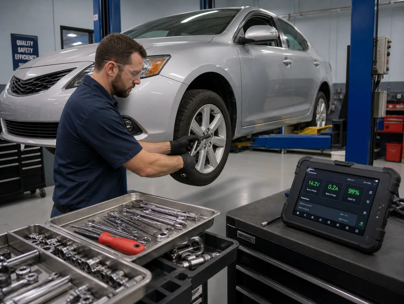 Certified fleet technician servicing hybrid rideshare vehicle on lift