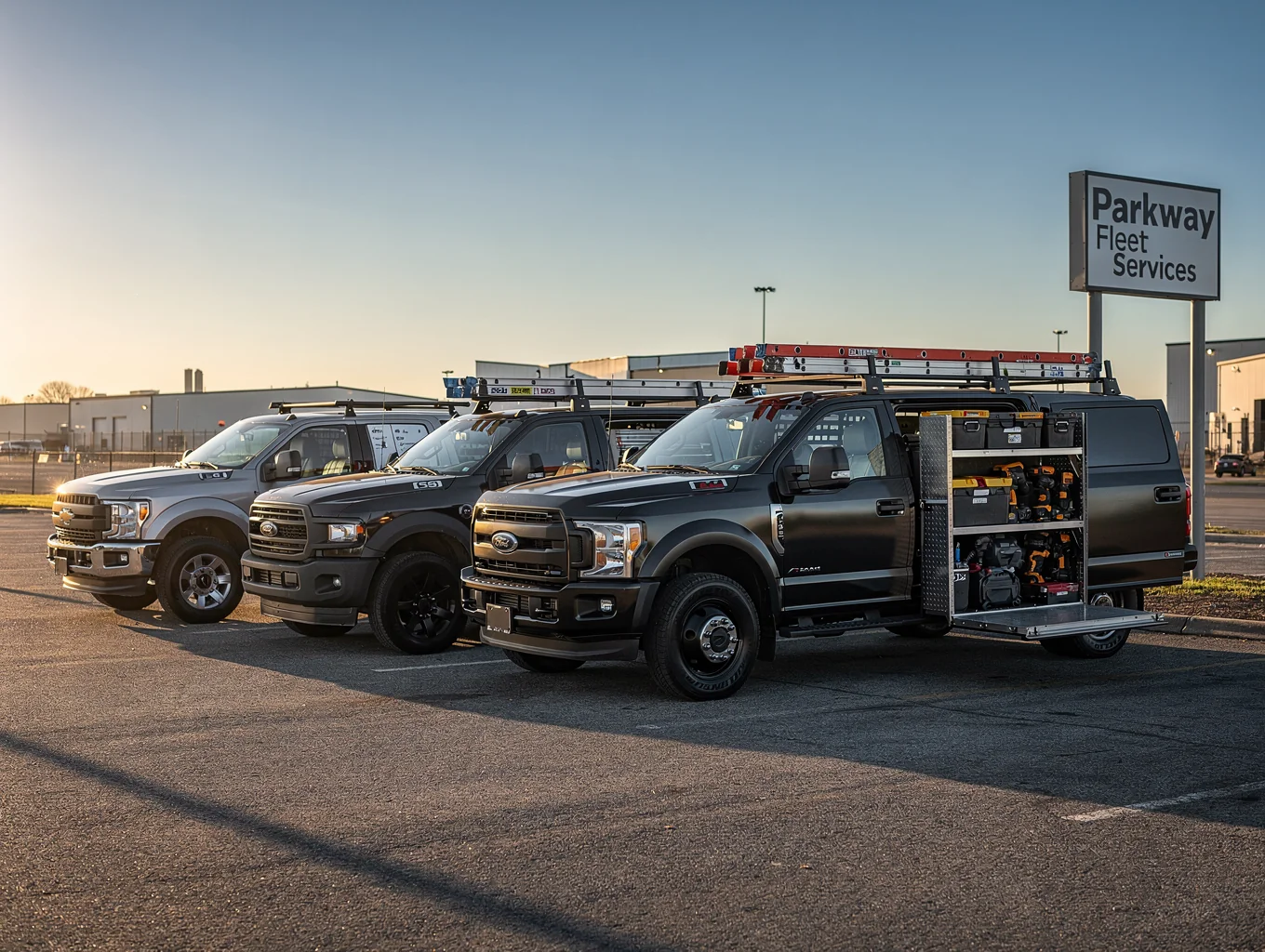 Vehicle fleet parked in depot lot for financial evaluation