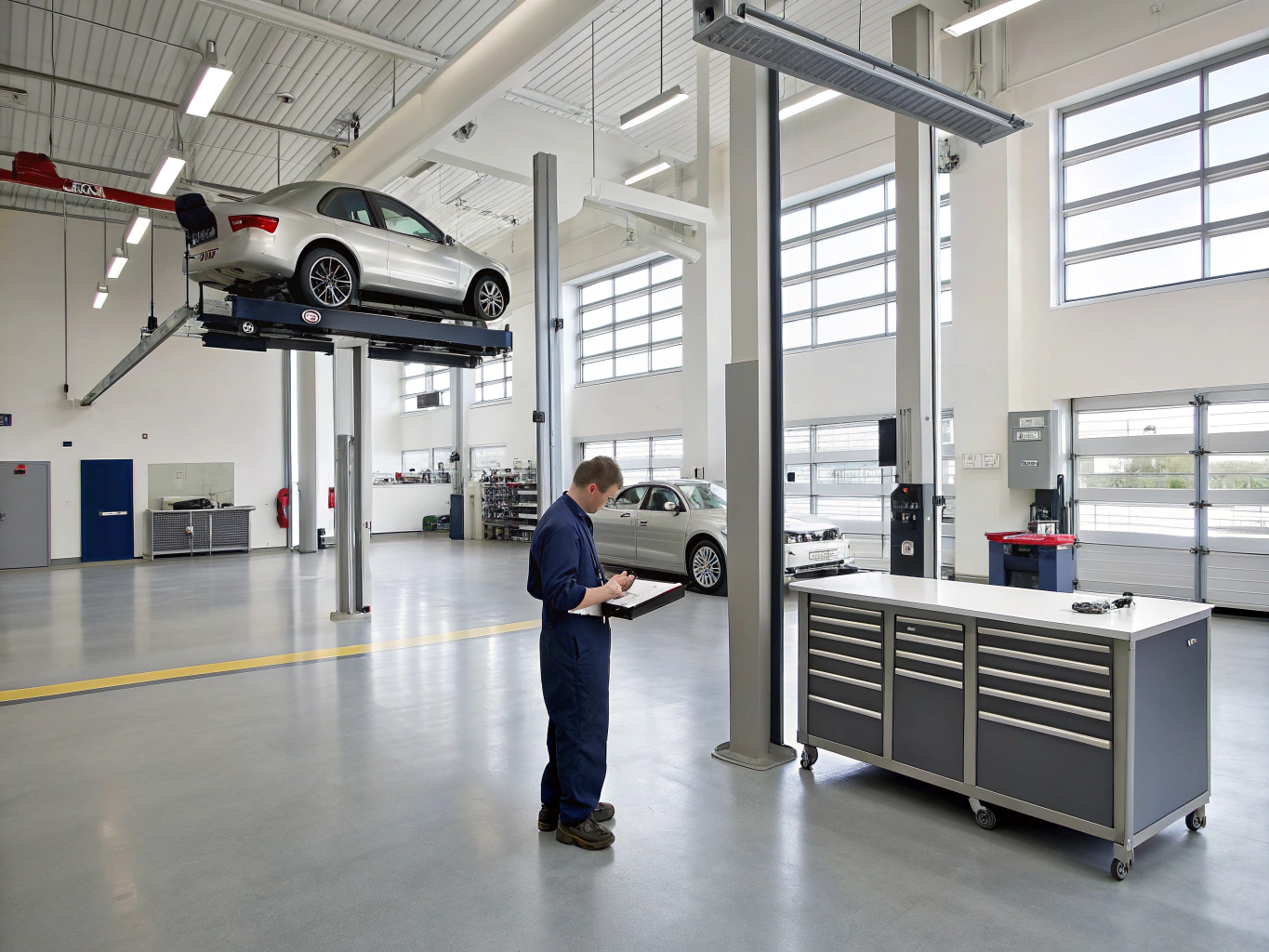 Automotive technician performing tire tread and diagnostic inspection in the service depot